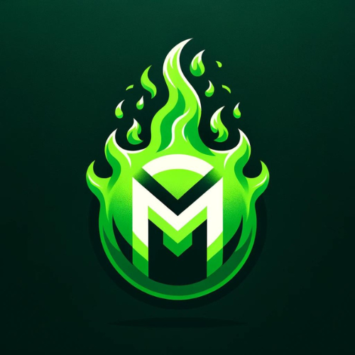 Green Manaverse Logo producing green mana flames, Manaverse Logo is a white M and a black V.